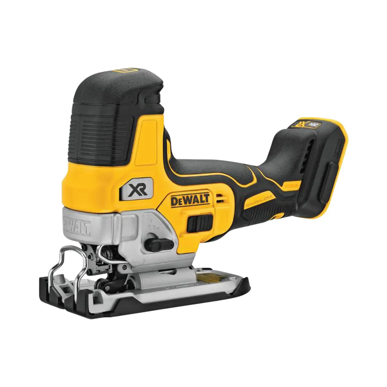 The Go Build 20V MAX XR Cordless Barrel Grip Jigsaw (Tool-Only) features a yellow and black compact design, ergonomic grip, and metal base plate. Shown without battery attached.